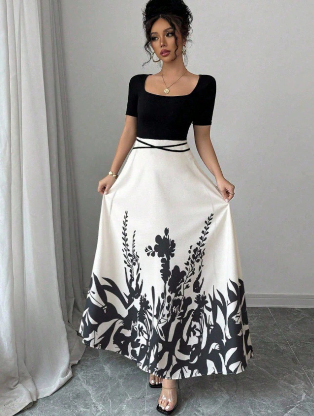 Zara Black White Square Neck Print Patchwork Dress Two Tone Long Fitted